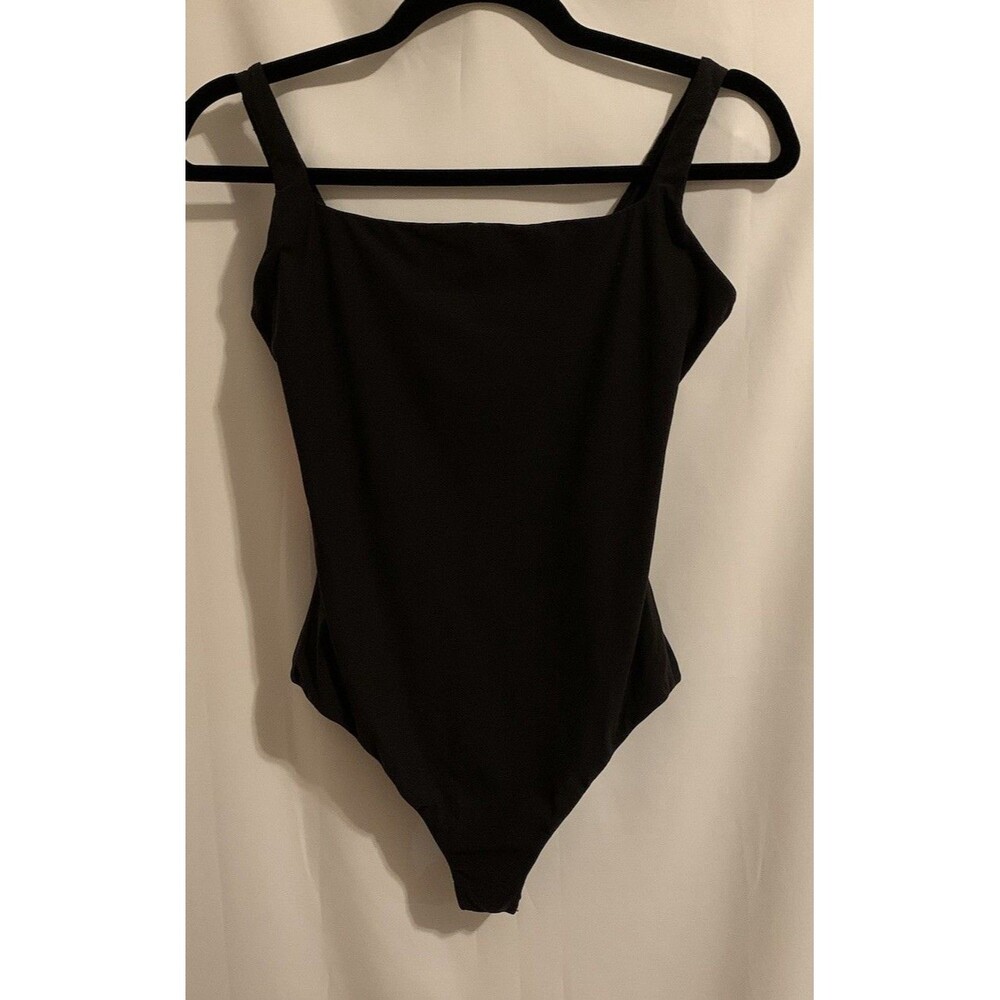 Quince Size Medium Square Neck Bodysuit Thong Black Soft Stretch Minimalist New